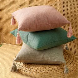 Linen Cotton Pillow Cover with Tassels | Home Decor Cushion