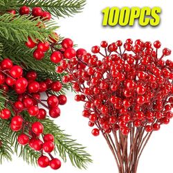 Christmas Artificial Berry Branches: 14 Red Holly Berry Plants Fake Bouquet for Wedding Party, Tree Decoration