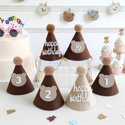 Bear Birthday Hat & Cake Topper: DIY Baby Shower Decoration, Happy Birthday Party Supplies for 1st, 2nd, 3rd Year Old