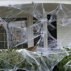 Halloween Artificial Spider Web with Fake Spiders: Super Stretch Cobwebs for Scary Party Scene Decor & Horror House Prop