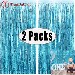 2-Pack 1X2M Blue Rain Tinsel Curtain for First Happy Birthday Decoration - Boy, Girl, Adult, Kids, Baby - Party Garland