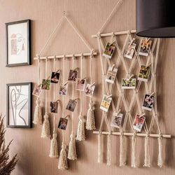 Hanging Photo Display Macrame: Wall Pictures Frame Holder, 10 Clips - Boho Home Office Decor, Wall Art for Teen Girl Roo