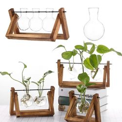 Hydroponic Plant Vases: Glass Vase, Vintage Bonsai Flower Pot, Terrarium Tabletop Tray - Wooden Frame Home Decor