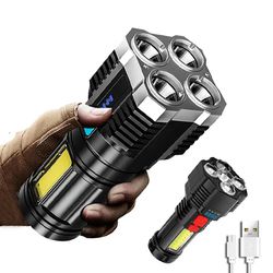 USB Rechargeable LED Flashlight: Strong Side Light, Portable Torch with Power Display - Outdoor & Home Use
