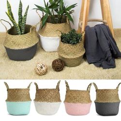 Bamboo Storage Baskets: Foldable, Patchwork Wicker, Seagrass Belly, Garden Flower Pot Planter