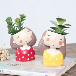 Succulent Planters: Cute Girl Head Bonsai Pots with Drainage for Table Decor