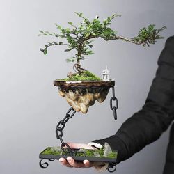 Succulent Planter Pot: Simulation Rockery Iron Bonsai Hanging Flowerpot with Chain Suspension