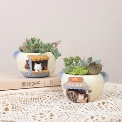 Unique Resin Planters: Cat & Fox Figurines for Succulents & Air Plants