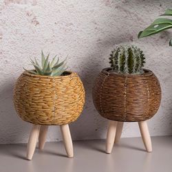 Handmade Vintage Rattan Planters with Removable Wooden Legs - Stylish Storage Basket for Plants