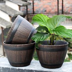 Vintage Style Barrel-Shaped Resin Flower Pot - 9 Inch Simulation Wood Planter for Home & Patio Decor