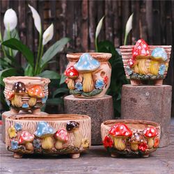 Fairy Garden Personality: Vintage Handicrafts Mushroom Stoneware Succulent Flower Pot for Living Room Decoration & Bonsa