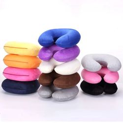 U-shaped Inflatable Travel Pillow with Short Plush Cover - Neck Support Cushion in 9 Colors