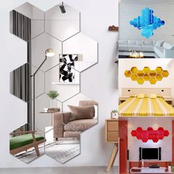 12/6pcs 3D Acrylic Hexagon Mirror Wall Stickers | DIY Home Decor Decal