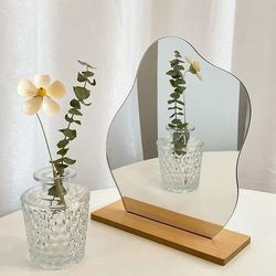 Nordic Style Irregular Mirror: Acrylic Makeup Mirror with Wooden Base for Home Decor