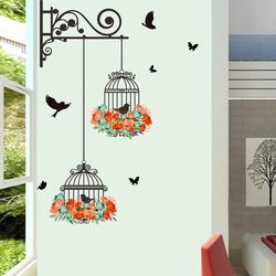Colorful Flower Birdcage Wall Decal: Creative Home Decor for Living Room & Bedroom