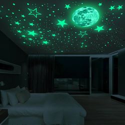Luminous Glow-in-the-Dark Wall Stickers for Kids' Rooms: Moon, Stars, Ceiling Decor