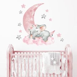 Cartoon Pink Elephant Wall Stickers with Hot Air Balloon for Girl's Nursery Decor