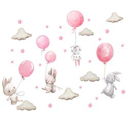 Watercolor Pink Balloon Bunny Cloud Wall Stickers: Nursery Decor for Boys & Girls