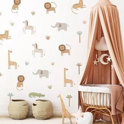 Safari Animals Wall Stickers: Lion, Giraffe, Elephant - Cute Cartoon Decor for Kids & Living Rooms