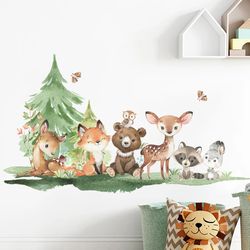 Forest Animals Theme Wall Stickers: Bear, Deer, Rabbit for Kids' Room Decor