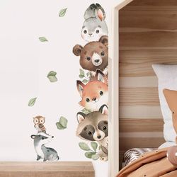 Forest Animals Cartoon Door Stickers: Bear, Rabbit Watercolor Wall Decals for Kids & Baby Nursery Room Decor