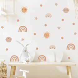 Cute Rainbow Sun Watercolor Nursery Stickers: Removable Wall Decals for Kids' Room Decor