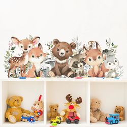 Forest Animals Cartoon Watercolor Wall Stickers for Nursery Decor - Bear, Deer, Rabbit | Kids Room Decals