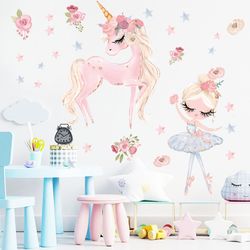 Unicorn Ballet Dancer Wall Stickers: Self-Adhesive Nursery Decor for Kids' Rooms