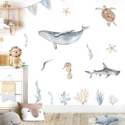Watercolor Whale & Turtle Ocean Animal Decals for Kids' Nursery Decor