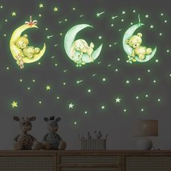 Tiny Cute Luminous Teddy Bear on Moon Wall Stickers for Kids Room Decor