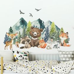 Watercolor Forest Animals Bear Deer Wall Stickers for Kids' Nursery & Boys' Room Decor