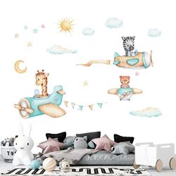 Cute Cartoon Animal Pilot Wall Sticker for Kids' Bedroom Decor | Vinyl Wall Decal Art