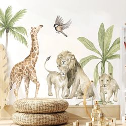 Boho African Lion & Giraffe Wall Stickers: Watercolor Wild Animals for Nursery Decor