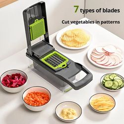 1Pc Green Black 12-in-1 Multifunctional Vegetable Slicer Cutter with Basket - Fruit Potato Chopper Carrot Grater and Shr