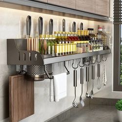 kitchen spice storage & knife holder stand - spice rack organizer with spoon rest & hanging organizers