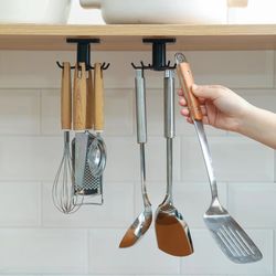 Rotatable Kitchen Organizer Rack with 6 Removable Hooks - Wall-mounted Utensil Holder & Supplies Organizer