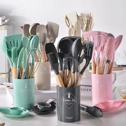 12Pcs Silicone Cooking Utensils Set with Wooden Handle - Non-stick Cookware Spatula, Shovel, Egg Beaters | Kitchenware