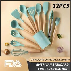 12-piece set wooden handle silicone kitchen utensils - non-stick pan cooking spatula & baking storage tool
