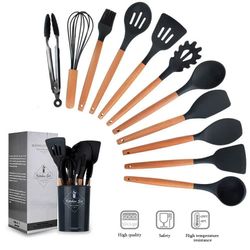 12PCS Silicone Kitchenware Set: Non-Stick Cookware Utensils with Wooden Handles