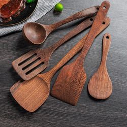 Non-Stick Kitchen Utensils Set with Wooden Handles - Soup Spoon, Spatula, Rice Spoon, Shovel & More Kitchen Accessories