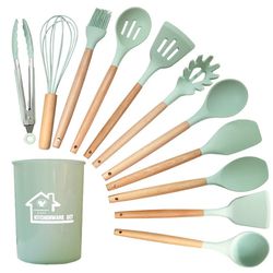 12PCS Silicone Non-Stick Cookware Utensils Set with Wooden Handles - Kitchenware Accessories