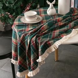 linen christmas tablecloth: green plaid holiday village design - rectangular dining table cover for new year home decor