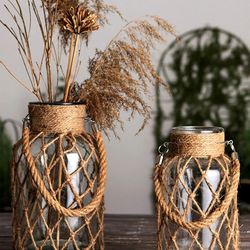 Rustic Glass Vase Rope Net Dry Flower Holder with Hemp Rope - Home Living Room Table Decor