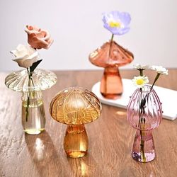 Glass Flower Vase - Mushroom Shape Transparent Bottle for Flowers, Hydroponics, Room Decor