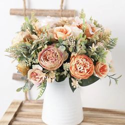 autumn white silk roses wedding home decoration bouquet | high-quality luxury fake floral arrangement
