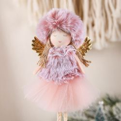 Pink Plush Angel Doll Xmas Tree Pendants Christmas 2022 Home Decor Kids Gifts
