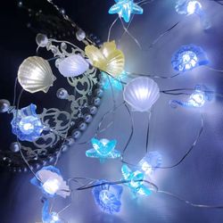 ocean theme party decor: 2m 20led seashell starfish string lights - mermaid birthday, baby shower fairy light favor