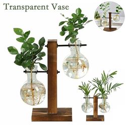 New Terrarium Hydroponic Plant Vases: Transparent Bulb Vase with Wooden Frame - Glass Tabletop Bonsai Decor & Vintage Fl