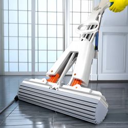 self-draining rubber cotton mop: no-wash, reusable sponge flat mop for household floor cleaning