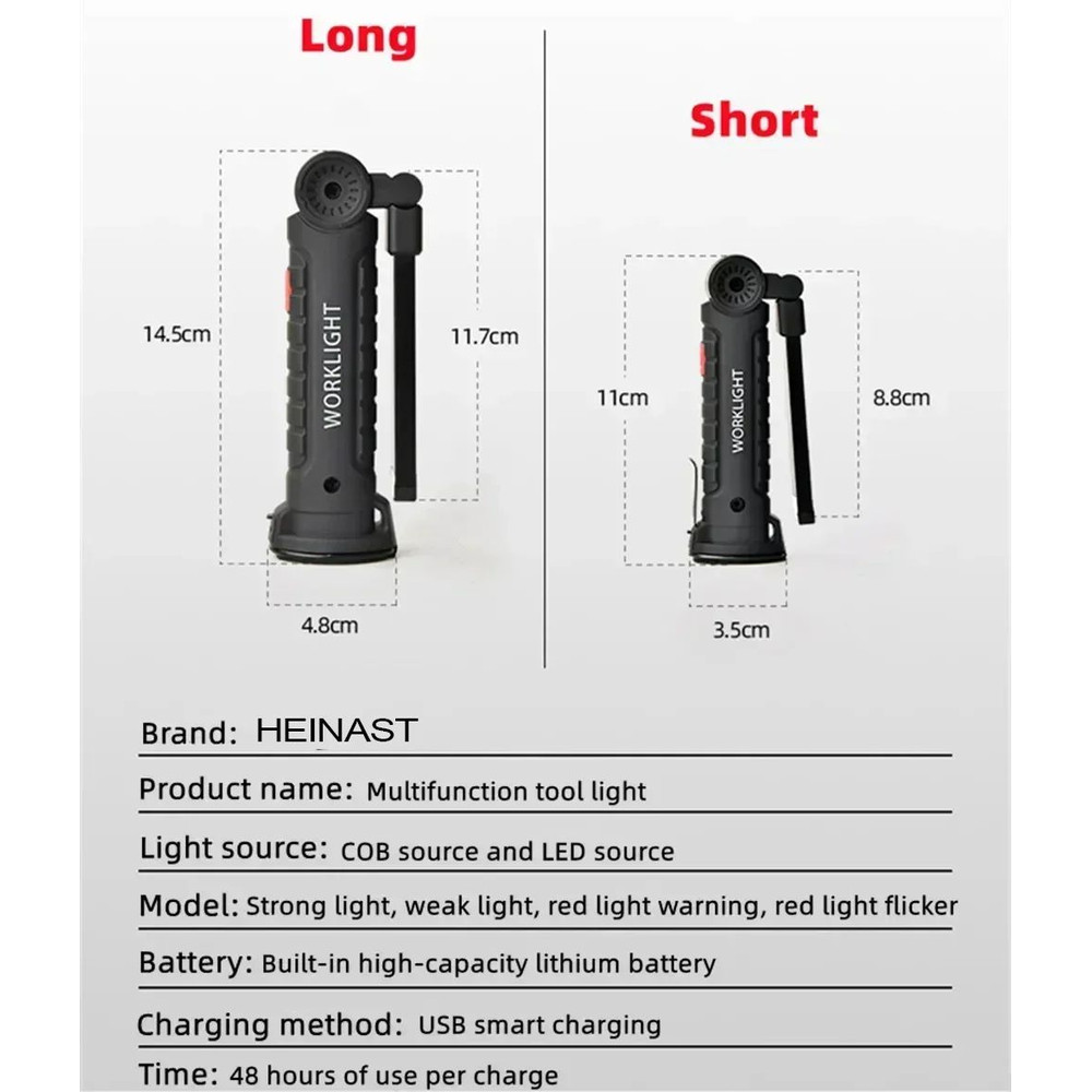 Rechargeable LED Work Light Dimmable Inspection Torch With Magnetic Base 18650 Battery 9